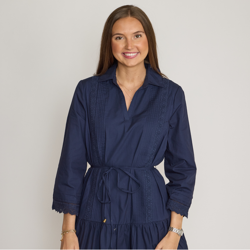 Julia Jordan Lace Trim Tie Waist Long Sleeve Dress